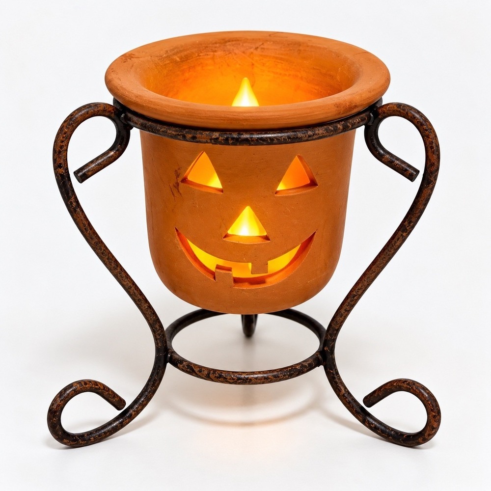 Terracotta Jack O Lantern Votive Holder Metal Stand Halloween Decor 4.5"